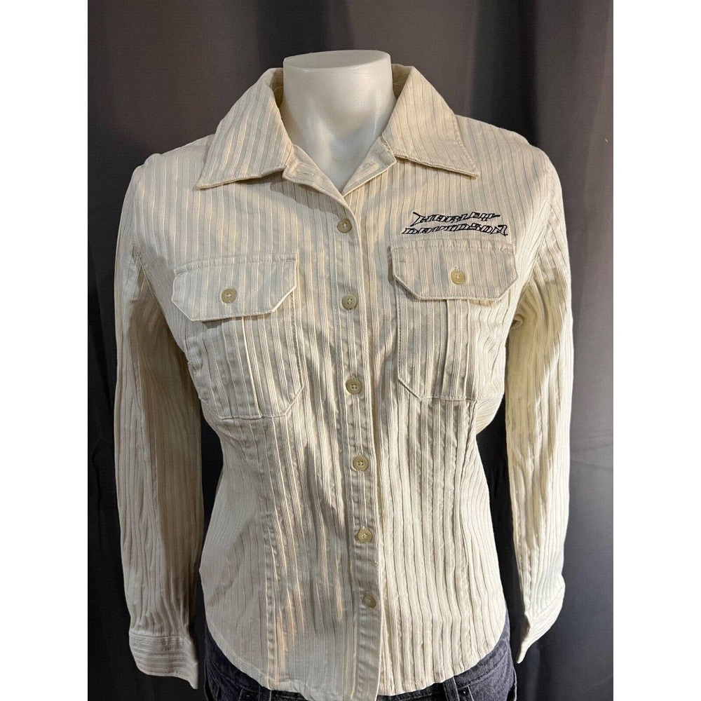 HARLEY DAVIDSON Ladies Beige Tone on Tone Striped Shirt Top w/ Embroidery Sz M